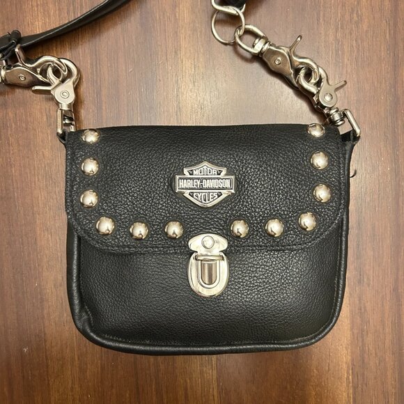 Harley-Davidson Black Leather Studded Crossbody Bag USA Made Small - Picture 3 of 16